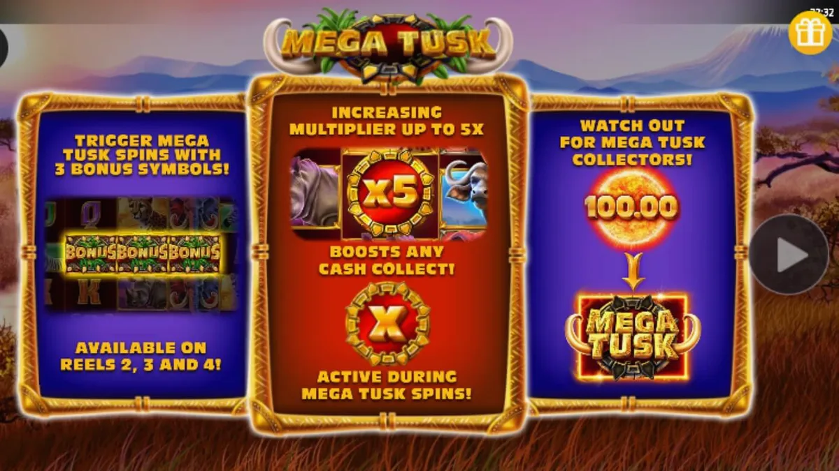 Pemandangan savana Afrika yang indah dengan simbol-simbol hewan megah di latar belakang slot Mega Tusk.