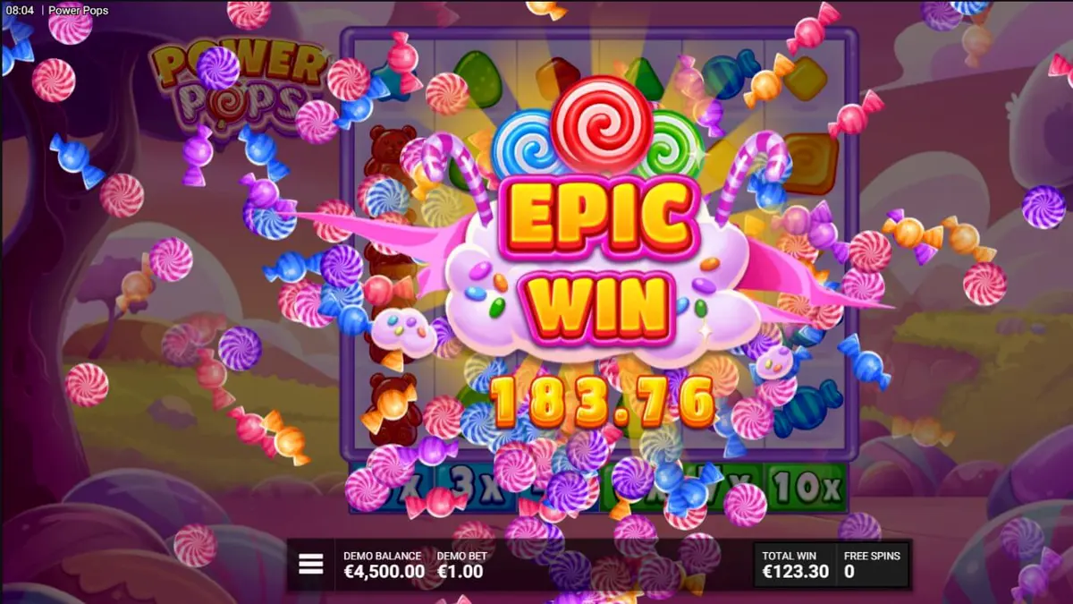 Tampilan visual slot Power Pops dengan latar belakang permen dan gulungan penuh warna.